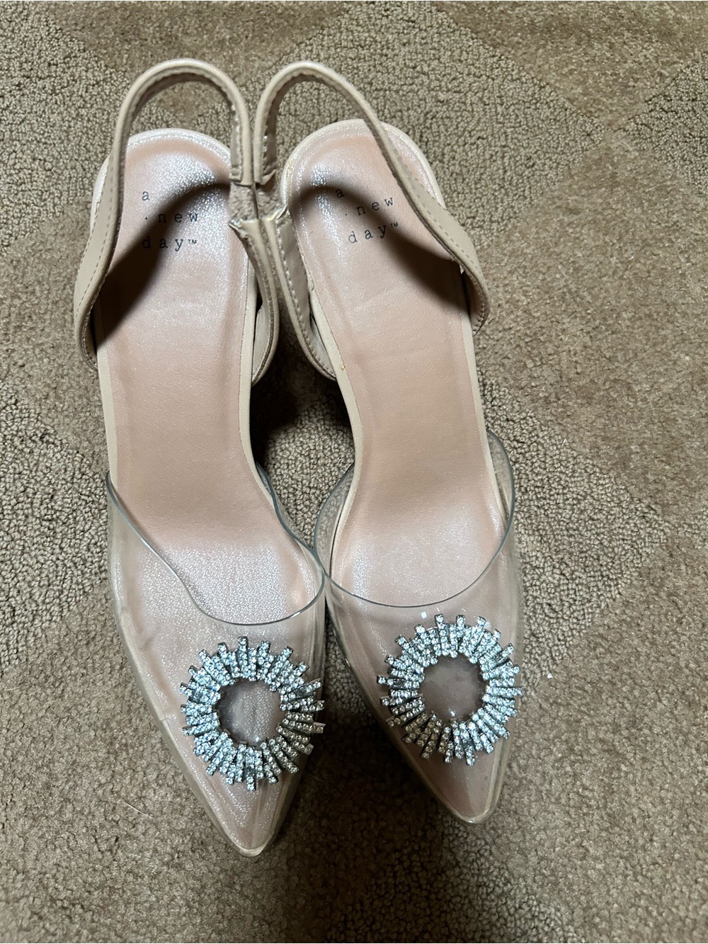a new day Nude Pointed-Toe Slingback Heels with Crystal Circle